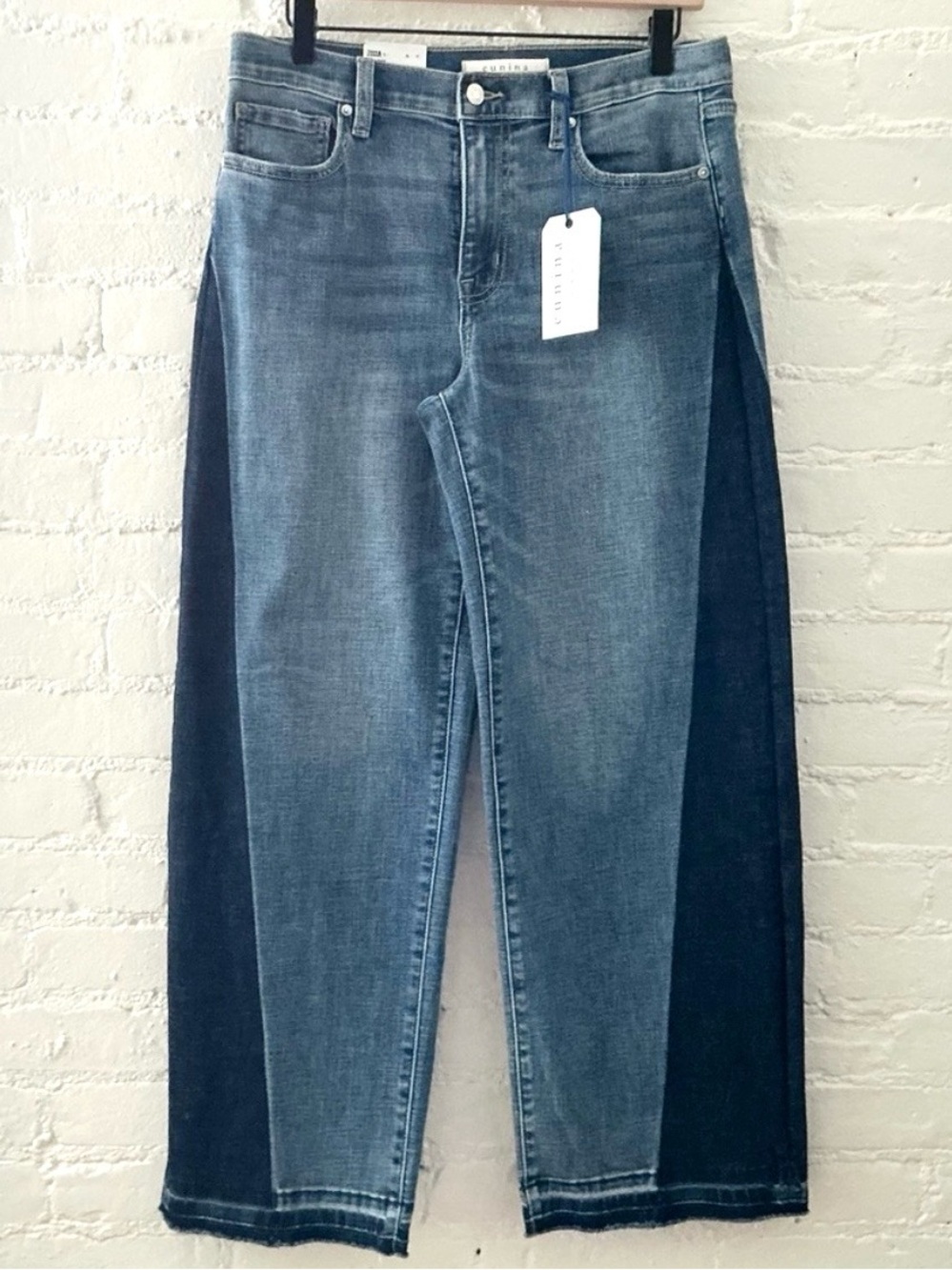 Eunina Two-Tone Wide Leg Jeans Blue Denim Cropped Boho Chic Womens Size 7/28